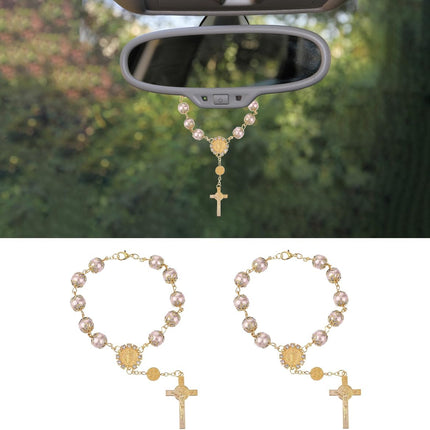 2PCS Car Rosary for Rearview Mirror With Cross Blessing Pendant, Personalized Hanging Accessories Interior Decors for Women Men.