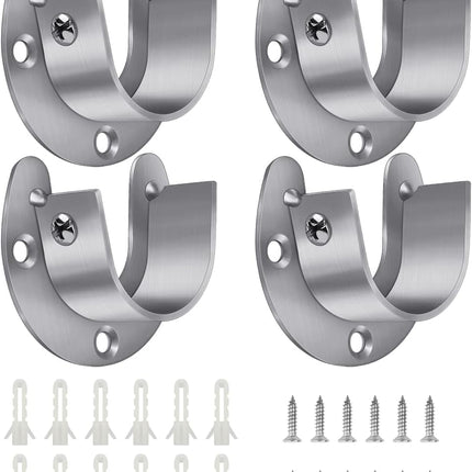 4 Packs Stainless Steel Wardrobe Bracket U-Shaped Rod Socket Flange 1-1/4" Diameter Heavy Duty Closet Rod Brackets End Supports for Closet Rod with Screws (Silver).