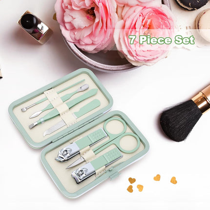 Manicure Set-Stainless Steel Nail Care Set-Professional 7 in 1 Ingrown Toenail Clipper Grooming Tool-Pedicure Kit & Toe Nail Cutter-Thick Nail Scissors Toiletries with Cuticle Trimmer (Green).