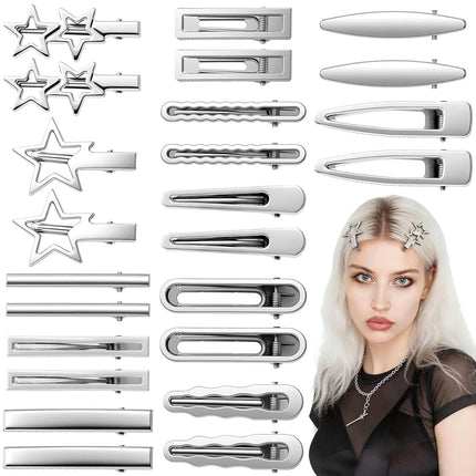 24pcs Silver Y2K Hair Clips, 12 Style Metal Alligator Clips Barrettes for Women, Non-Slip 2000s Star Hairclips Cool Hair Accessories for Thin Thick Straight Curle Hairstyles.