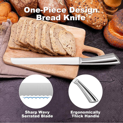 Serrated Bread Knife, Pastry-Slicer - 10 Inch/24CM Blade,One-Piece Stainless Steel Design,Best Knives for Slicing Bread, Bagels, Cake.
