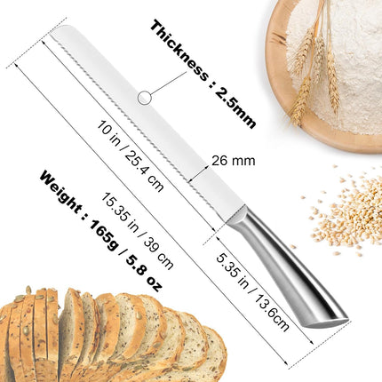 Serrated Bread Knife, Pastry-Slicer - 10 Inch/24CM Blade,One-Piece Stainless Steel Design,Best Knives for Slicing Bread, Bagels, Cake.