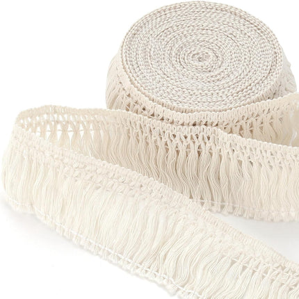 5 Yards Boho Long Fringe Tassel Trim, 2.36in Wide Fringe Trim Cotton Ribbon, Boho Tassel Ribbon Embellishments for Dress Skirt Curtain Home Decor- Beige.
