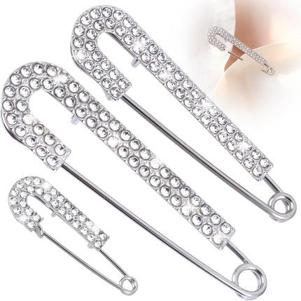 3pcs Large Rhinestone Safety Pins, Sparkly Decorative Brooch Pins for Clothes, Shiny Crystal Brooch Clips for Sweaters Shawl Scarf Jeans Skirts Dress Hat Decor- Silver.