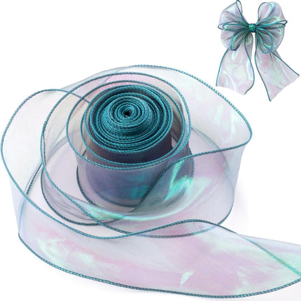 10 Yards Iridescent Green Sheer Chiffon Ribbon, 2.36in Wide Organza Shimmer Iridescent Ribbons, Sparkly Sheer Chiffon Embellishments for Chirstmas Wrapping Floral Bouquets DIY Crafts Wedding.