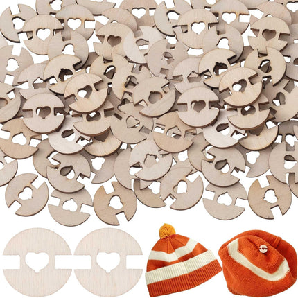 50pcs 20mm Wooden Pom Pom Buttons, Removable Pompom Keepers Holder with Heart Hole, Knitted Hat Faux Fur Love Buttons Fastener Tools for Crochet Toques Beanies Hats- Light Brown.