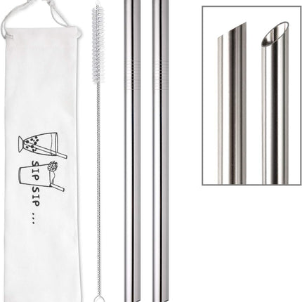 [Angled Tips] 2 Pcs Jumbo Reusable Bubble Tea Straws & Smoothie Straws, 0.5" Wide Stainless Steel Straw, Metal Straw for Boba, Tapioca Pearl, Milkshakes,Smoothies | 1 Cleaning Brush & 1 Case.