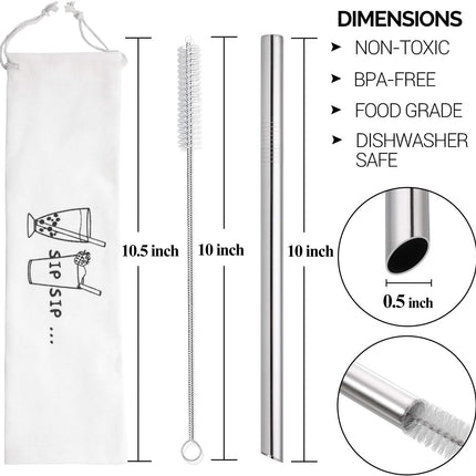 [Angled Tips] 2 Pcs Jumbo Reusable Bubble Tea Straws & Smoothie Straws, 0.5" Wide Stainless Steel Straw, Metal Straw for Boba, Tapioca Pearl, Milkshakes,Smoothies | 1 Cleaning Brush & 1 Case.