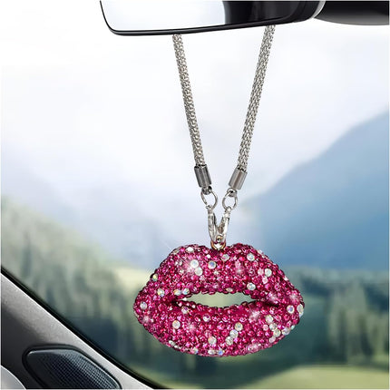 Bling Lip Car Rear View Mirror Charm, Personalized Rhinestone Lip Pendant for Car Rear View Mirror, Lips Vehicle Interior Decor Hanging with Chain for Women (Magenta).