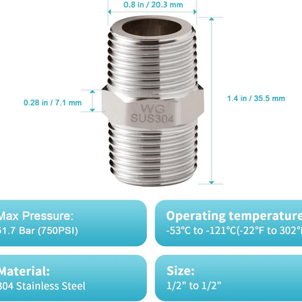 Shower Hose Extension Connector, 1/2 to 1/2 Shower Hose Extender Fitting Extra Long Joint, Used to Connect Two Hoses, Solid Stainless Steel, 1 PCS.