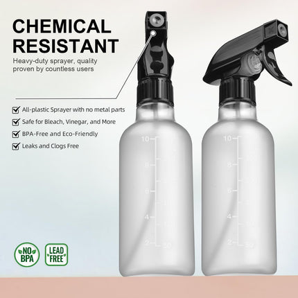 Spray Bottles 2 Pack, 10 Oz, Mist & Stream, Heavy Duty Spraying Empty Water Sprayer Bottle, BPA Free Plastic Refillable Containers for Cleaning Solutions, Planting, Hair with Measurement.