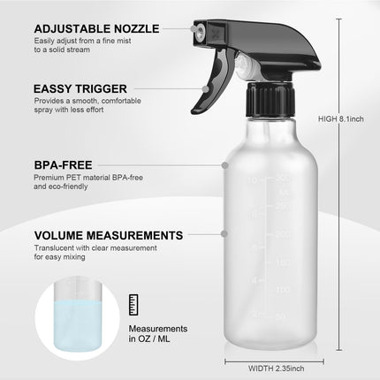 Spray Bottles 2 Pack, 10 Oz, Mist & Stream, Heavy Duty Spraying Empty Water Sprayer Bottle, BPA Free Plastic Refillable Containers for Cleaning Solutions, Planting, Hair with Measurement.