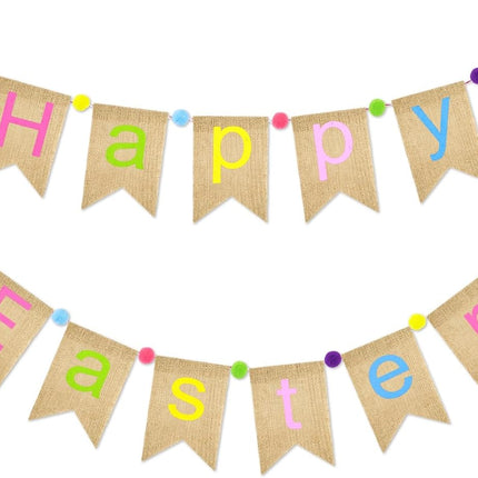 Happy Easter Burlap Banner, Pre-strung Colorful Easter Bunny Garland with Pompom Ball, Rustic Farmhouse Easter Bunting Banner for Home, Mantel, Fireplace, Party & Spring Dec.