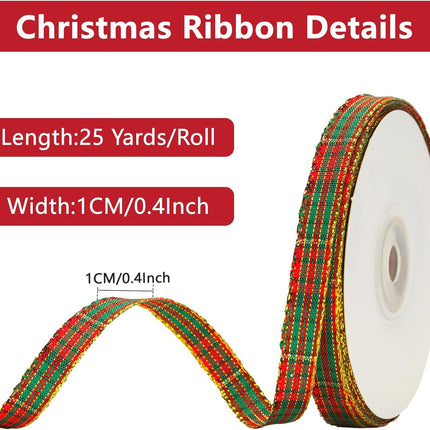 Christmas Ribbon 3/8" Red and Green Plaid Checkered Ribbon 25 Yard Tartan Gold Thread Woven Edge Gingham Ribbon for Crafts, Gift Wrapping, Wreath, Christmas Tree and Home Decoration.