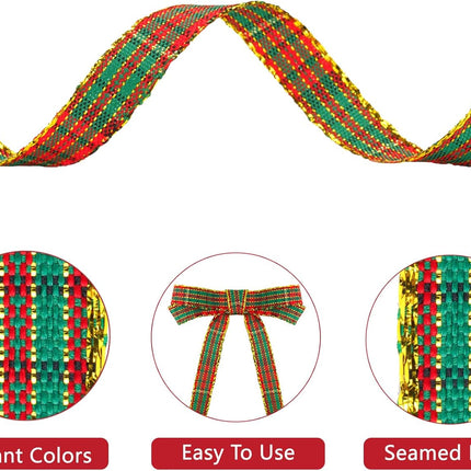 Christmas Ribbon 3/8" Red and Green Plaid Checkered Ribbon 25 Yard Tartan Gold Thread Woven Edge Gingham Ribbon for Crafts, Gift Wrapping, Wreath, Christmas Tree and Home Decoration.