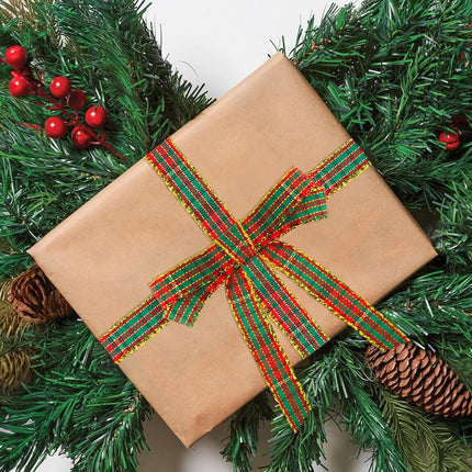 Christmas Ribbon 3/8" Red and Green Plaid Checkered Ribbon 25 Yard Tartan Gold Thread Woven Edge Gingham Ribbon for Crafts, Gift Wrapping, Wreath, Christmas Tree and Home Decoration.