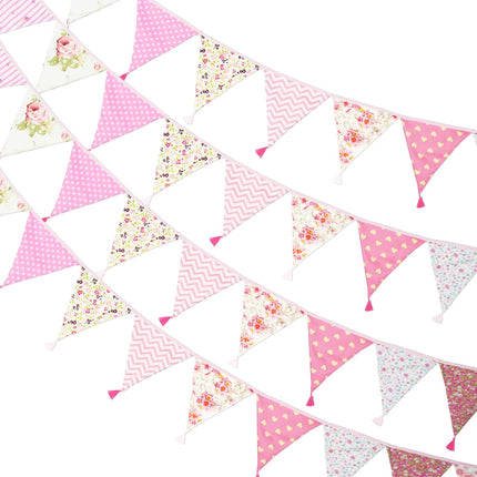 10.8Ft Cotton Triangle Bunting Banner – 12pcs Pink Floral Fabric Pennant Flag with Tassels, Double Side Triangle Banner Garland for Weddings, Birthdays, Garden & Baby Showers.