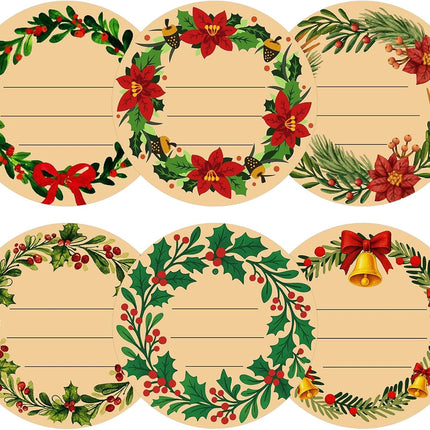 120Pcs Christmas Gift Stickers - 2 Inch Round Kraft Paper Christmas Holiday Wreath Labels Stickers for Gift Wrapping, Party Favors, DIY Crafts.