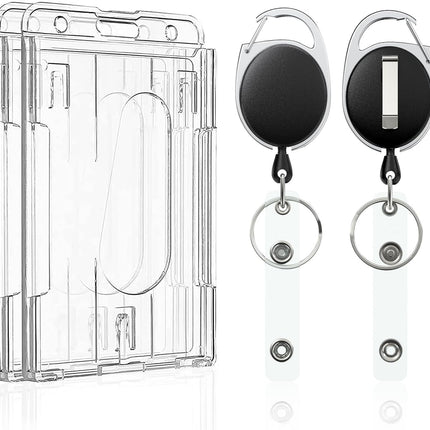 2 Pack Vertical 2-Card Badge Holder with Thumb Slots Hard Transparent PC Case Protector with Retractable Badge Reel Carabiner Clip for IDs Credit Cards Driver’s Licenses and Passes.