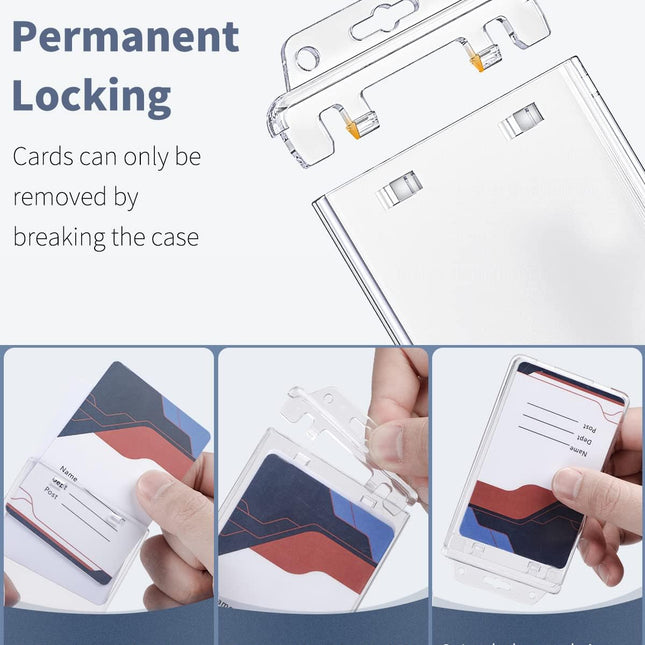 2 Pack Permanent Locking ID Badge Holder for Less Frequently Used Cards Vertical Hard Plastic Case Clear Card Protector Pouch for Passes Access Cards Student IDs Proximity RFID Key Cards.