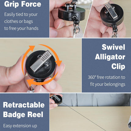 3 Pack Retractable Badge Reel with Swivel Alligator Clip Heavy Duty Retractable Keychain with Stainless Steel Spring Coil Strong ABS Casing with Waterproof Clear Badge Holder.