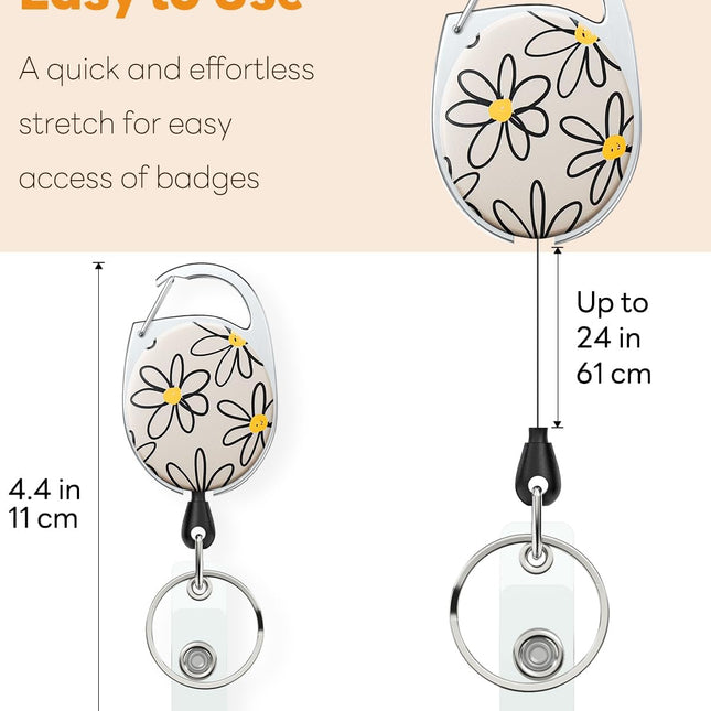 Floral Retractable Badge Reel for Badge Holder White Flower Heavy Duty Retractable Keychain Strong ABS Casing with Stainless Steel Spring Coil 24 Inch Nylon Rope Carabiner Clip and Key Ring.