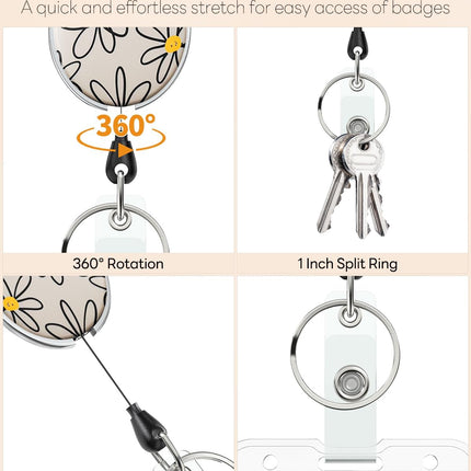 Floral Retractable Badge Reel for Badge Holder White Flower Heavy Duty Retractable Keychain Strong ABS Casing with Stainless Steel Spring Coil 24 Inch Nylon Rope Carabiner Clip and Key Ring.