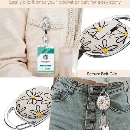 Floral Retractable Badge Reel for Badge Holder White Flower Heavy Duty Retractable Keychain Strong ABS Casing with Stainless Steel Spring Coil 24 Inch Nylon Rope Carabiner Clip and Key Ring.