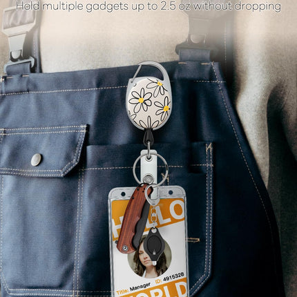 Floral Retractable Badge Reel for Badge Holder White Flower Heavy Duty Retractable Keychain Strong ABS Casing with Stainless Steel Spring Coil 24 Inch Nylon Rope Carabiner Clip and Key Ring.