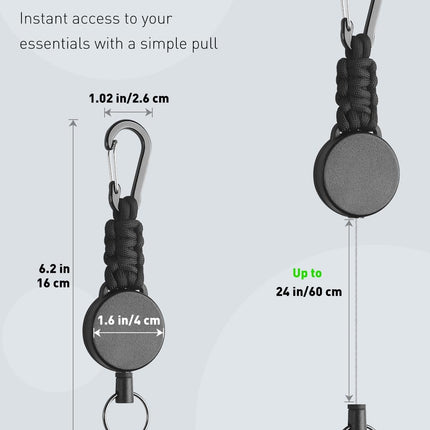 2 Pack Retractable Keychain, Retractable Key Holder, Heavy Duty Badge Reel for Keys and ID Card, Extendable Badge Holder Clip with Carabiner Paracord and Key Ring.