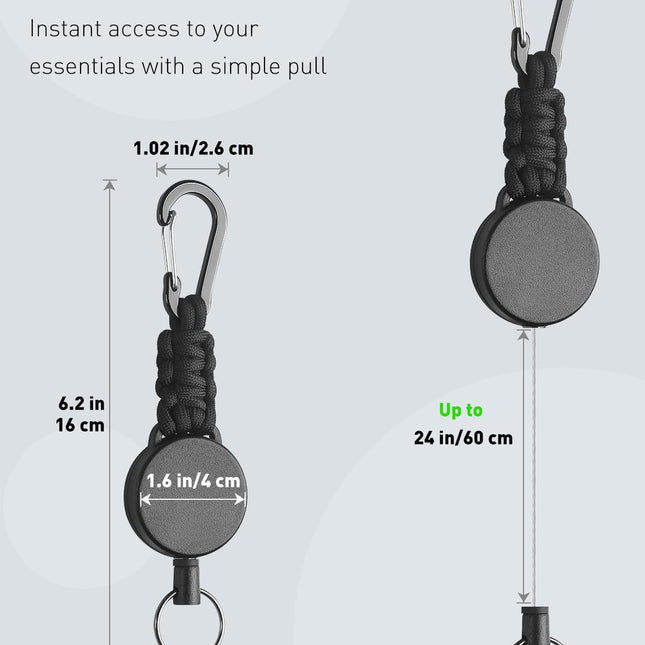 2 Pack Retractable Keychain, Retractable Key Holder, Heavy Duty Badge Reel for Keys and ID Card, Extendable Badge Holder Clip with Carabiner Paracord and Key Ring.