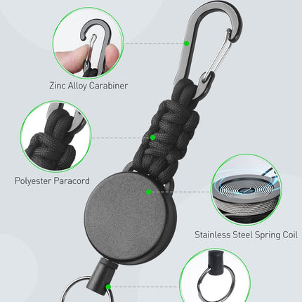 2 Pack Retractable Keychain, Retractable Key Holder, Heavy Duty Badge Reel for Keys and ID Card, Extendable Badge Holder Clip with Carabiner Paracord and Key Ring.
