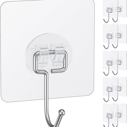 10 Pcs Large Adhesive Hooks for Hanging, 33 lbs (Max) Heavy Duty Wall Hooks, Clear Waterproof Picture Hangers, Self-Adhesive Sticky Hangers for Outdoor Bathroom Kitchen and Office.