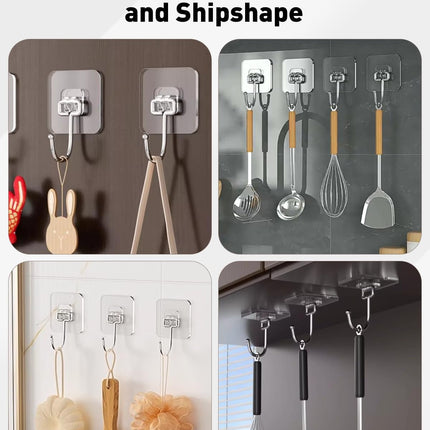 10 Pcs Large Adhesive Hooks for Hanging, 33 lbs (Max) Heavy Duty Wall Hooks, Clear Waterproof Picture Hangers, Self-Adhesive Sticky Hangers for Outdoor Bathroom Kitchen and Office.