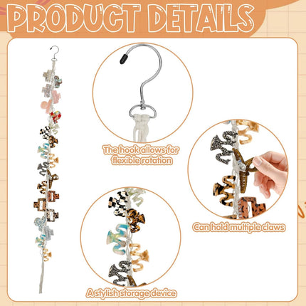 Hanging Braided Hair Clip Organizer with Swivel Hook and 20 Metal Rings, Claw Clip Organizer Daily Necessities for Women, Flexible Hanging Storage Decor for Wall.