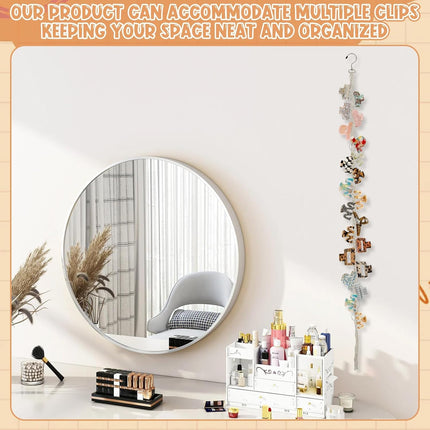 Hanging Braided Hair Clip Organizer with Swivel Hook and 20 Metal Rings, Claw Clip Organizer Daily Necessities for Women, Flexible Hanging Storage Decor for Wall.