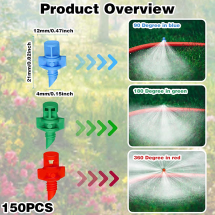 150Pcs Drip Irrigation Emitters, Micro Sprinkler Heads Misting Sprinkler Refraction Micro Sprayer Nozzles for Plants Lawn Water System (90/180/360 Degrees).