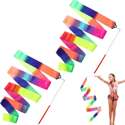 2Pcs Ribbon wands Rainbow Dance for Kids, 78.74 Inch Rhythmic Gymnastics Ribbon Dancer Wand with Rod, Soft Rainbow Ribbon Twirling Dance Streamers for Kids Girls Adults Artistic Dancing (Colorful).