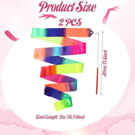 2Pcs Ribbon wands Rainbow Dance for Kids, 78.74 Inch Rhythmic Gymnastics Ribbon Dancer Wand with Rod, Soft Rainbow Ribbon Twirling Dance Streamers for Kids Girls Adults Artistic Dancing (Colorful).
