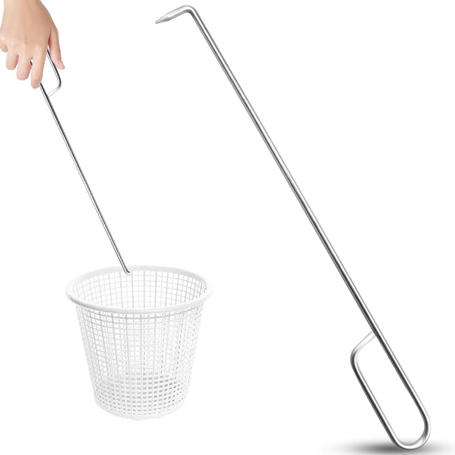 Pool Skimmer Basket Hook Tool, Stainless Steel Pool Skimmer Hook Extended Knee Protection Skimmer Basket Handle for Cleaning Swimming Pool Debris Skimmer Hook, Keep Your Hand Safe Skimmer Basket Hook.