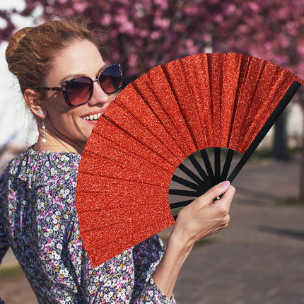 Line Dance Popping Fan,13 Inches Clacking Fans for Line Dancing,Boots on The Ground Hand Fan,Popping Fans for Line Dancing,Music Festivals,Carnival,Disco, Party (Red Glitter).