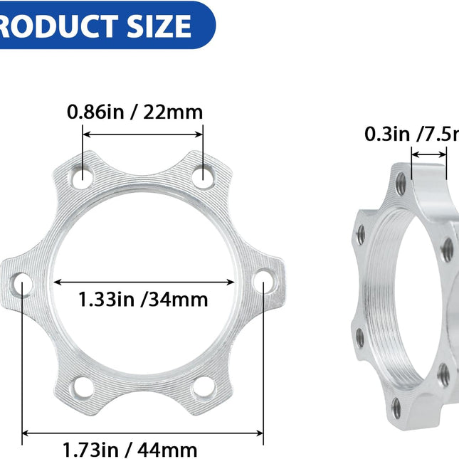 4 Pcs 44MM Bike Freewheel Threaded Hubs Disk Brake Adapter, 1.73-inch Aluminum Alloy 6-Bolt Disc Brake Rotor Flange Adapter, Silver.