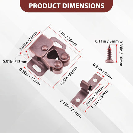 8 Pcs Cabinet Latch Double Roller Catch, Catch Hardware for Cupboard Closet Cabinet Door Latches and Catches, Cold Rolled Steel Cabinet Latches with Spear Strike, Red Bronze.