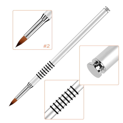 3D Nail Art Brush for Acrylic Powder, Kolinsky Acrylic Nail Brush, Silver Metal with Non-Slip Handle (Size # 2).