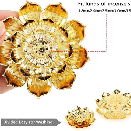 Zinc Alloy Incense Holder, Lotus Stick Incense Burner, Incense Holder for Stick/Coil/Cone Incense with Ash Catcher, Gold.