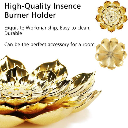 Zinc Alloy Incense Holder, Lotus Stick Incense Burner, Incense Holder for Stick/Coil/Cone Incense with Ash Catcher, Gold.