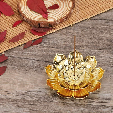 Zinc Alloy Incense Holder, Lotus Stick Incense Burner, Incense Holder for Stick/Coil/Cone Incense with Ash Catcher, Gold.