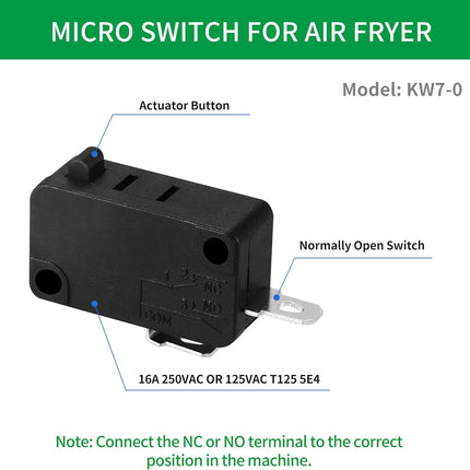 KW7-0 Micro Switch, Replacement for Air Fryer XL, Power XL, Vortex, Microswitches for Microwave Oven & Induction Cooker - Normally Open, 16A 125V/250V, 2Pins 1NO 1NC.