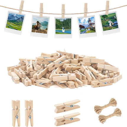 Mini Clothespins with String - 100Pcs Small Wooden Clothes Pins, Natural Brown Photo Hanging Clips, Craft Clips for Picture, Cocktails Decor, Baby Shower, Wedding.