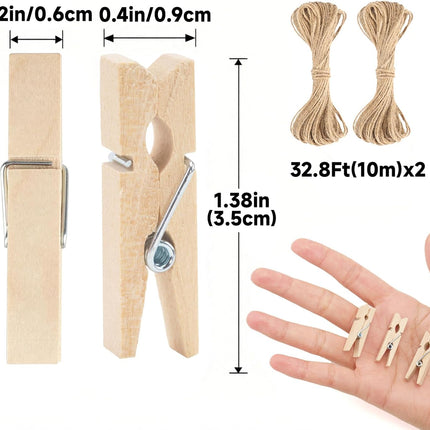 Mini Clothespins with String - 100Pcs Small Wooden Clothes Pins, Natural Brown Photo Hanging Clips, Craft Clips for Picture, Cocktails Decor, Baby Shower, Wedding.